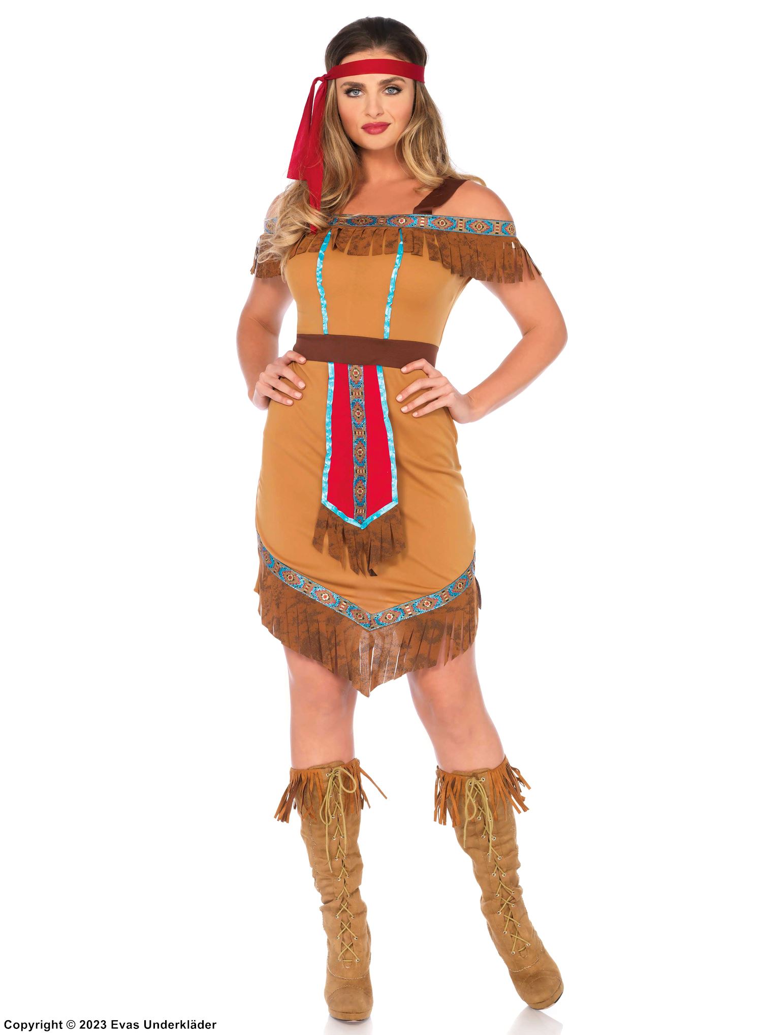 Pocahontas, maskeradklänning med öppna axlar och fransar